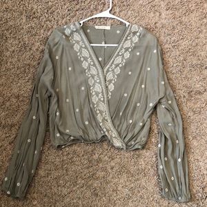 Green and beige crossed front top